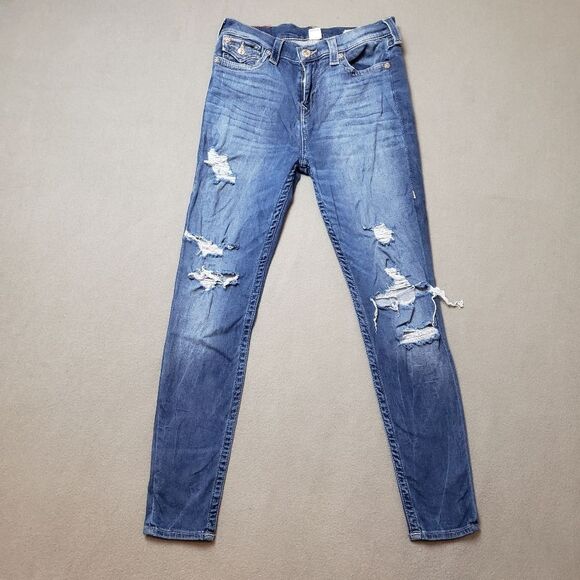 True Religion High Rise super skinny flap pocket distressed / destroyed Jeans - Picture 1 of 16